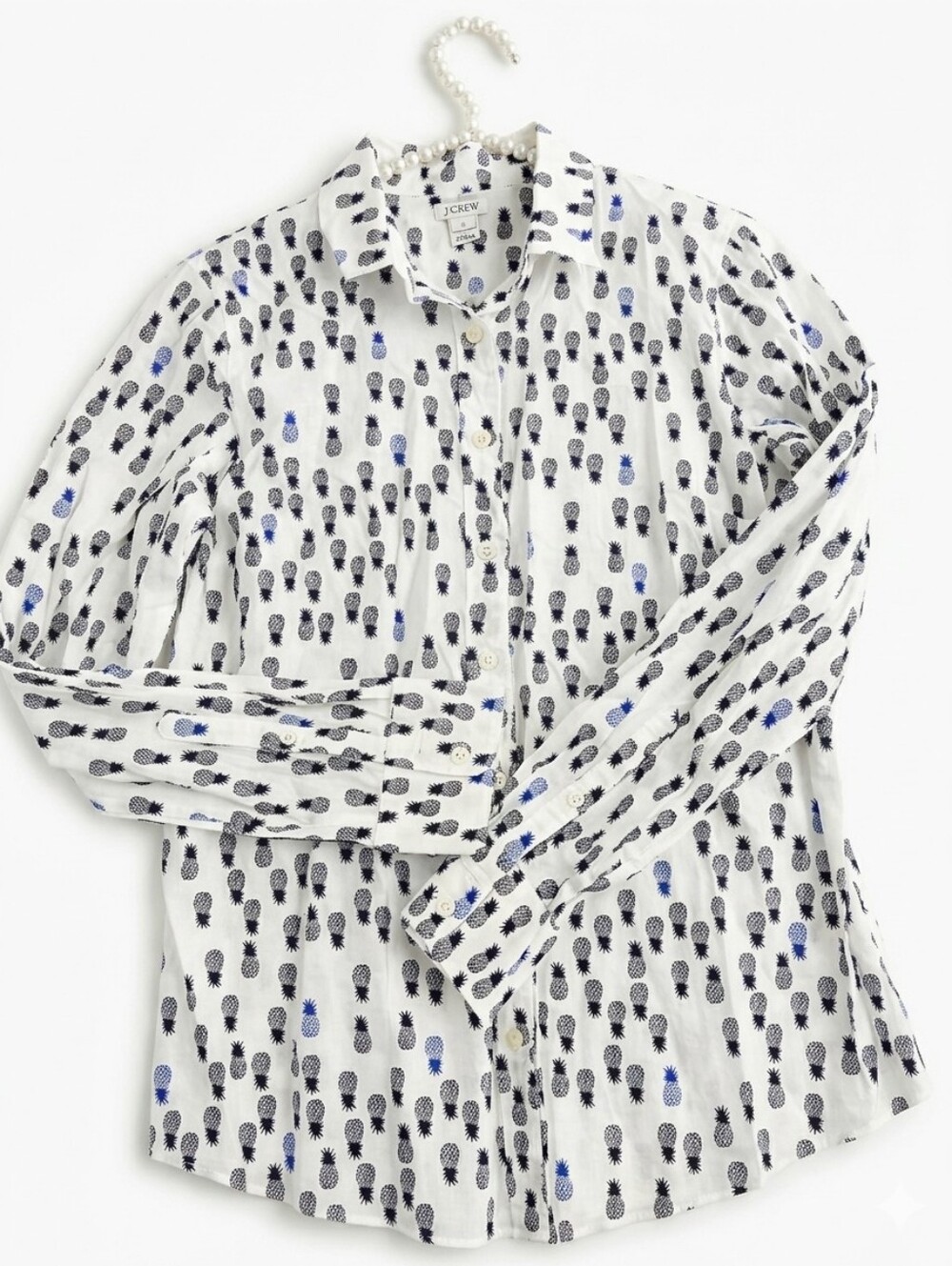 J.CREW White Button-Down Shirt with Black and Blue Pineapple Print - L